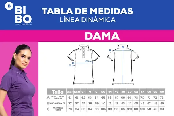 Tabla de medidas de playeras polo Bibo para dama
